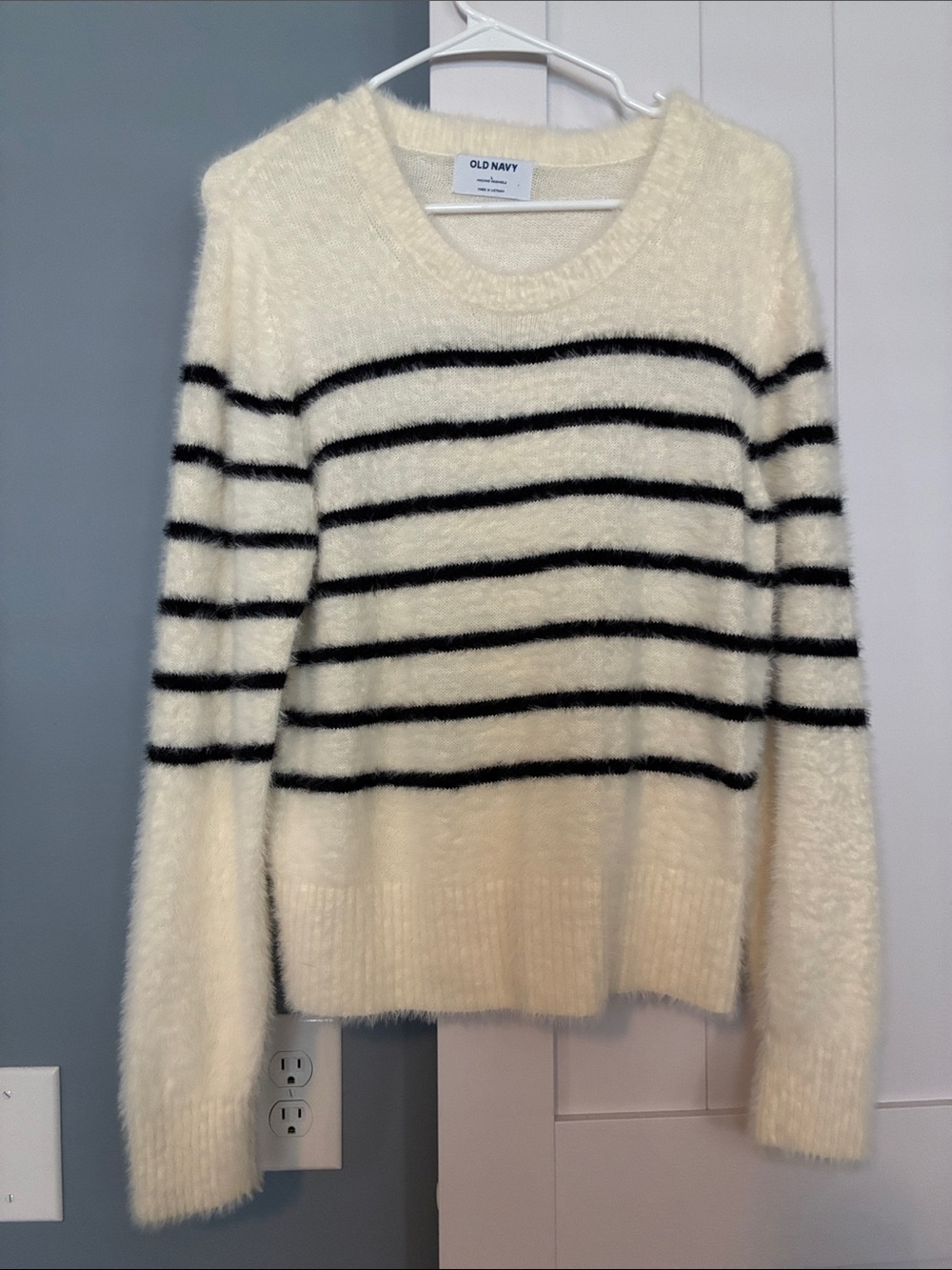 Old Navy Cream and Black Fuzzy Striped Crewneck Sweater